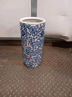 Blue and White Porcelain Umbrella Stand, 24" Tall, Hand-Painted Floral Design
