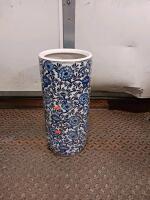 Blue and White Porcelain Umbrella Stand, 24" Tall, Hand-Painted Floral Design - 2