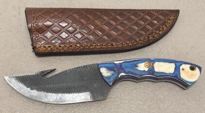 Custom Hunting Skinner Knife with Gut Hook, Blue Dyed Handle, Leather Sheath, 8.5" Overall