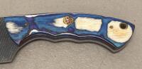 Custom Hunting Skinner Knife with Gut Hook, Blue Dyed Handle, Leather Sheath, 8.5" Overall - 3