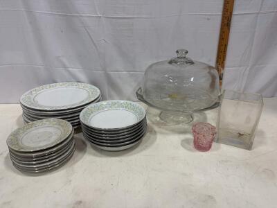 Crown Ming Jian Shiang China Set (24pc), Glass Cake Stand with Dome, and Vintage Glassware Sp-7