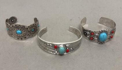 Native American Style Silver Cuff Bracelets, Turquoise & Coral, Hand-Engraved, Set of 3