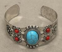 Native American Style Silver Cuff Bracelets, Turquoise & Coral, Hand-Engraved, Set of 3 - 3