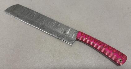 Custom Damascus Bread Knife with Sculpted Pink Handle, Serrated, 13" Overall, 8" Blade