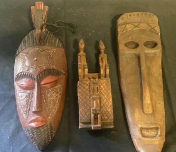 African Hand-Carved Wood Mask Set &ndash; Ghana Akan Mask, Dogon Mali Mask & Dogon Granary Lock (R-12)
