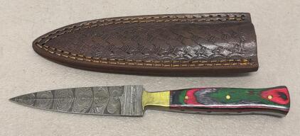 Damascus Pattern Fixed Blade Knife, 4" Blade, Multicolor Wood Handle, Leather Sheath
