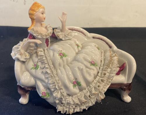 Dresden Porcelain Lace Figurine &ndash; Lady Reclining on Sofa, Early 20th Century, 6" x 4" x 5"