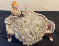 Dresden Porcelain Lace Figurine &ndash; Lady Reclining on Sofa, Early 20th Century, 6" x 4" x 5"