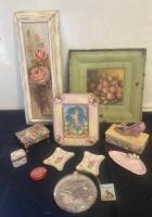 Assorted Floral Porcelain Trinket Boxes, Bethany Lowe Rabbit Ornament, Framed Art, 11-Piece Lot (R-12)