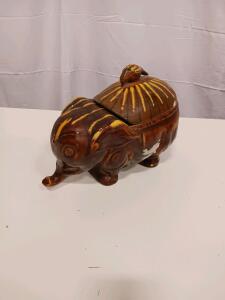 Vintage 1950s Ceramic Elephant Cookie Jar with Bird Lid, 10.5" Tall