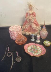 Vintage Pink Vanity Collectibles Set: Porcelain Doll, Perfume Bottle, Trinket Box, Hand-Painted Plate, Salt & Pepper R-12