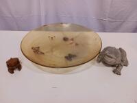 Decorative Resin Butterfly Bowl, Wooden Frog Guiro, Concrete Frog Garden Figurine - Lot of 3