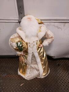 Elegant 18" Gold and White Santa Claus Figurine with Festive Sack and Ornament