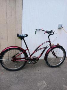 Huffy Cranbrook 26" Step-Through Cruiser Bicycle, Burgundy, Single Speed, Floral Seat & Fenders