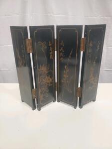 Asian Black Lacquer Miniature Folding Tabletop Screen, Hand-Painted Floral & Calligraphy, 4-Panel, 15"
