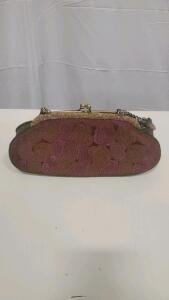 Mary Frances Embellished Clutch Bag, Purple/Gold, Rose Pattern, Chain Strap, Kiss-Lock Closure