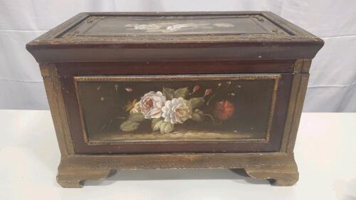 Antique Hand-Painted Wooden Chest with Floral Motifs, Ornate Trim, Velvet Lining, 20" x 13"