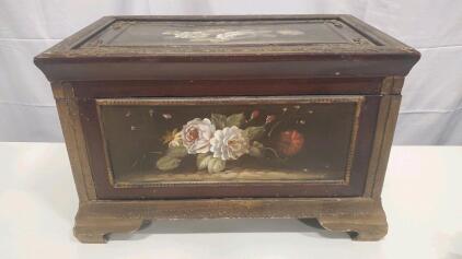 Antique Hand-Painted Wooden Chest with Floral Motifs, Ornate Trim, Velvet Lining, 20" x 13"