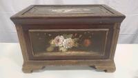 Antique Hand-Painted Wooden Chest with Floral Motifs, Ornate Trim, Velvet Lining, 20" x 13"