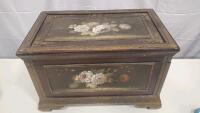 Antique Hand-Painted Wooden Chest with Floral Motifs, Ornate Trim, Velvet Lining, 20" x 13" - 2