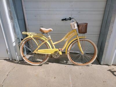 Huffy Nassau 26" Step-Through Cruiser Bike, Single Speed, Yellow, Basket & Rear Rack