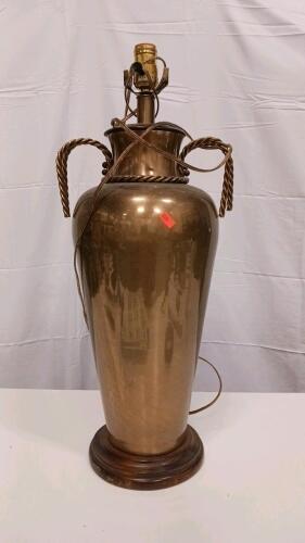 Large Brass Vase Table Lamp with Rope Accents & Wooden Base, 24" Tall, Classic Style
