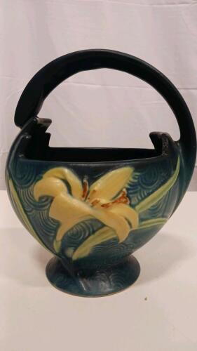Roseville Zephyr Lily Basket, 7.75" H, Blue Glaze, 1946, Marked 393-7