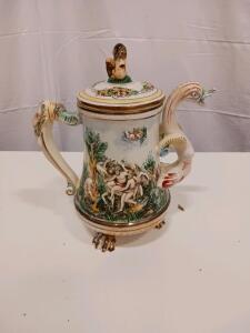 Capodimonte Porcelain Lidded Tankard with Mythological Relief and Figural Handles