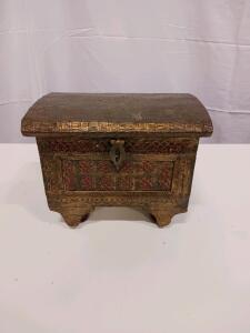 Vintage Ornate Jewelry Box with Red Velvet Interior, Gold-Tone Metal, 10" x 5.5" x 7"
