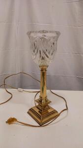 Brass and Cut Glass Hurricane Style Table Lamp &ndash; 13" Tall, Inline Switch, Ornate Design
