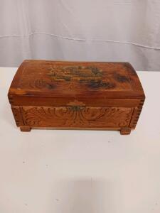 Hand-Carved Wooden Jewelry Box with Scenic Lid and Mirrored Interior
