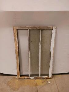 Antique 3-Light Wooden Window Sash, Vintage 24"x36", Chipped Paint, Single Pane Glass