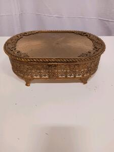 Ornate Vintage Gilt Brass Filigree Jewelry Box, Footed Oval, Removable Lid, Lined Interior