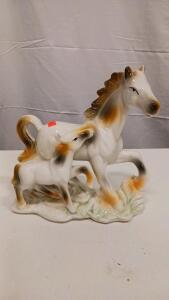 Vintage Japanese Porcelain Horse and Foal Figurine, Gloss Glaze, 8" Tall