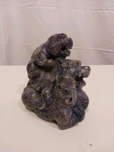 Hand-Carved Chinese Guardian Lion (Foo Dog) Statue, Blue Stone, Double Figurine, 5"x5"x4"