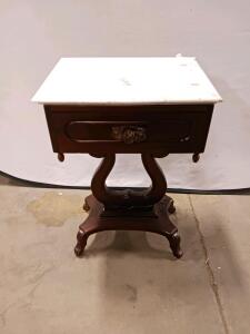 Italian Cargo Marble Top Side Table, Lyre Base, Single Drawer, White Marble, 29&rdquo; Tall