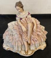 Dresden Art Porcelain Lace Figurine, Seated Ballerina, 5.5" Tall, Hand-Painted ( SP3 )