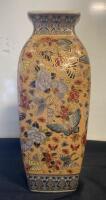 Ornate Asian Ceramic Vase, Butterfly & Floral Motif, Square Neck, Approx. 16" Tall ( SP 12 )
