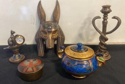 Egyptian Revival Decorative Set with Anubis Mask, Twin Cobra Candle Holder, Bastet Clock, and More ( SP 12 )
