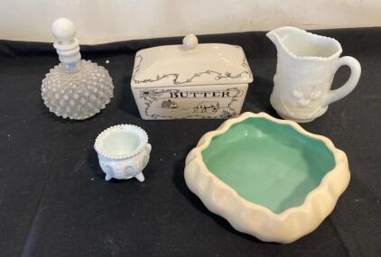 Vintage Milk Glass Grape Creamer & Sugar Set, Hobnail Decanter, Ceramic Butter Dish, Wavy Planter ( SP3 )