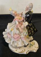 Dresden Porcelain Figurine Dancing Couple, Lace Accents, Germany, Crown N Mark, 6-7 in Tall ( R12 )