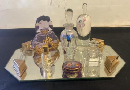 Ornate Vintage Perfume Bottles & Trinket Set &ndash; Amethyst Glass, Hand-Painted, Mirrored Tray ( R 12 )