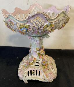 Antique Porcelain Pedestal Compote with Hand-Painted Floral Design and Reticulated Rim 13&rdquo; Tall ( SP3 )