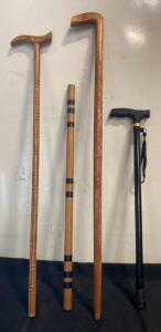 Set of 3 Wooden Walking Canes & 1 Adjustable Metal Cane, Ergonomic Handles, Wrist Strap ( Sp 4 )