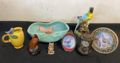 Mixed Lot of 8 Vintage Bird Collectibles: Ceramic Parrot, Omega Style Clock, Ceramic Dish & More ( SP4 )