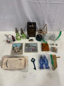 Vintage Lot: GE Art Deco Flip Clock, Blue Glass Fish Shakers, Jimenez Oil Prints,