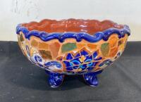 Handcrafted Mosaic Ceramic Footed Bowl, Talavera Style, 12" Diameter, Blue/Orange, 3 Feet ( SP4 )