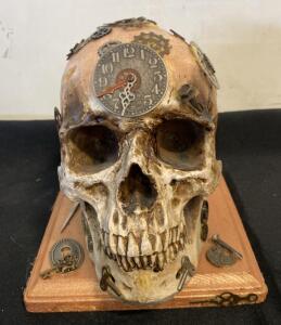 Steampunk Skull Sculpture with Clock Face, Metal Gears, and Decorative Base Art Piece ( SP 4 )