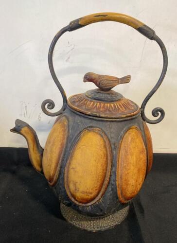 Decorative Folk Art Metal Teapot with Bird Lid and Ornate Handle, Rustic Painted Finish ( Sp 4 )