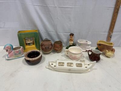 Vintage Royal Copley Planter & Mid-Century Ceramic Pig Pony Boat Planter Decorative Pottery Lot